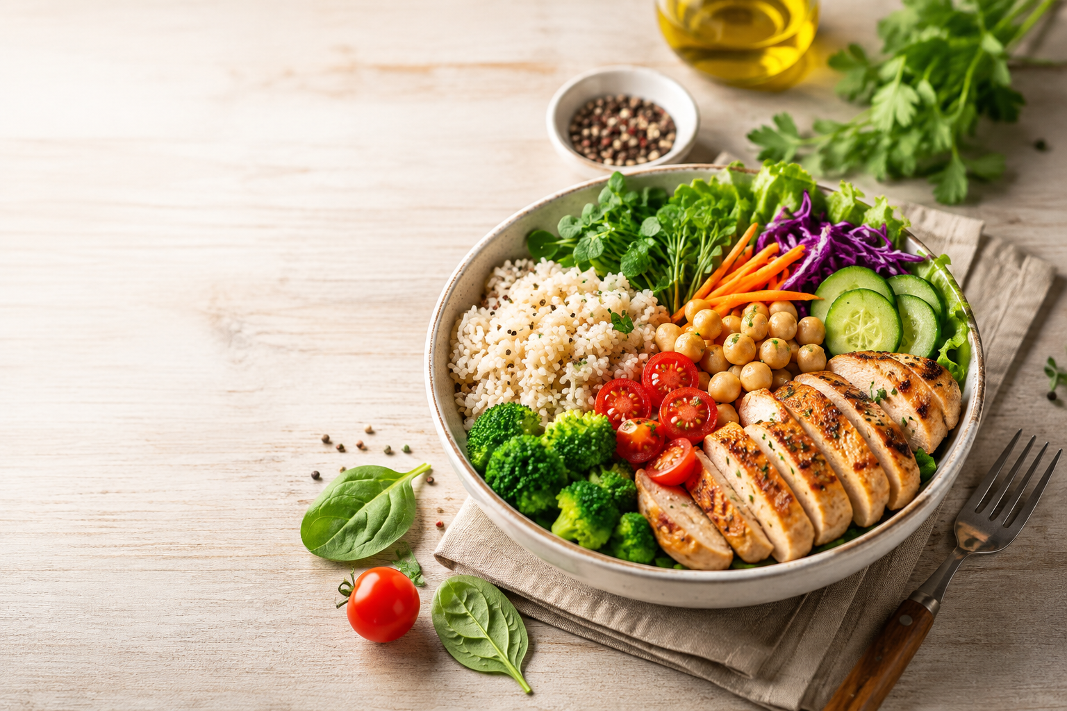 Healthy chicken bowl with fresh vegetables and rice